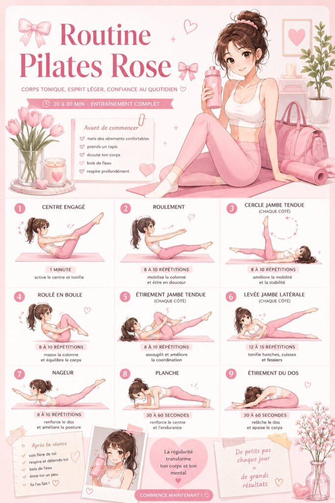 Femme faisant du Pilates sur un tapis rose, illustration du bien-être.