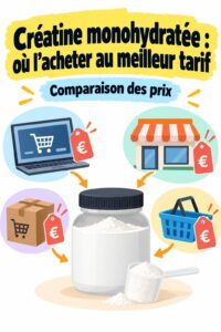 Sachet de créatine monohydratée sur une table de cuisine avec des accessoires de fitness.