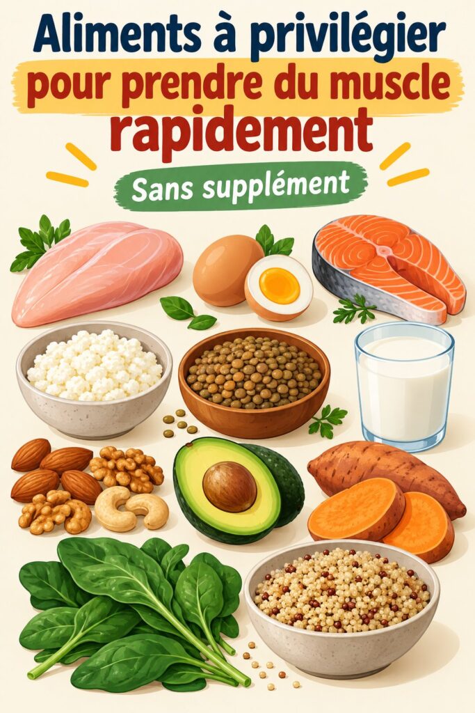 Assortiment d'aliments riches en protéines pour la prise de muscle.