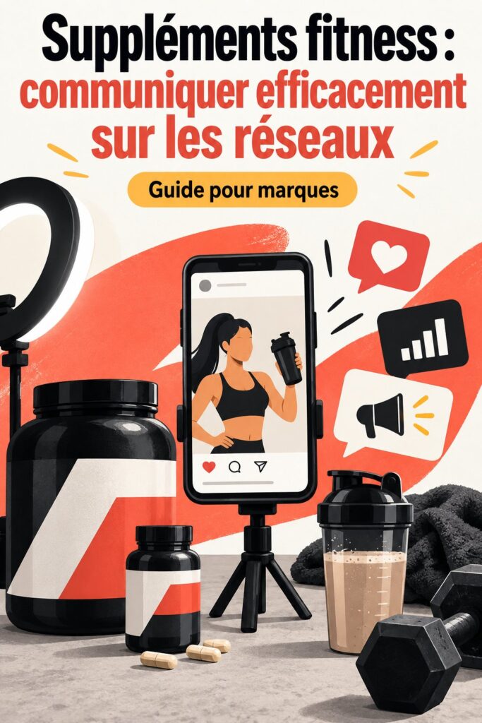 Femme tenant des suppléments de fitness tout en souriant, sur un fond de réseaux sociaux.