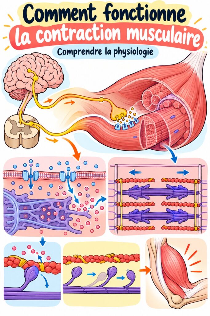 Illustration montrant le processus de contraction musculaire dans les fibres musculaires au cours de l'exercice.
