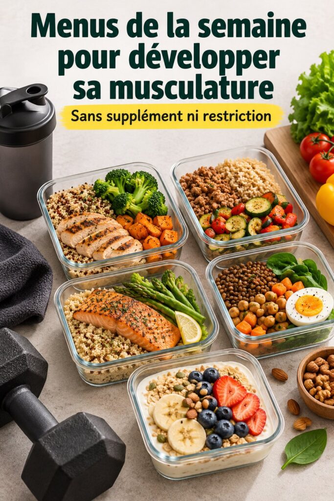 Menus variés de la semaine pour développer la musculature avec recettes équilibrées.