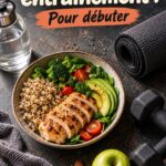 Femme préparant un repas sain pour le fitness, mettant l'accent sur la nutrition et l'entraînement.